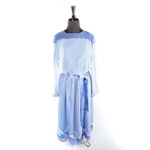 Vtg Lord & Taylor Blue And White  Stripe Dress With Belt Bows Imprinted On Base